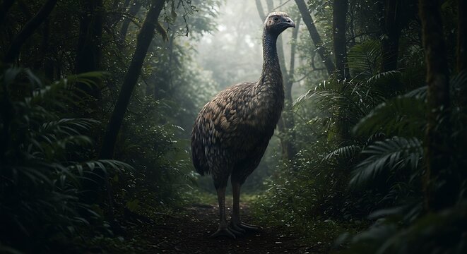 Giant Moa Bird Standing Tall in a Mysterious Jungle Forest