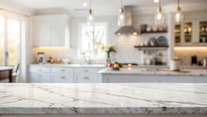 Modern kitchen scene with a prominent polished marble countertop, featuring white and grey veining and a blurred background, ideal for showcasing countertop materials