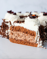 slice of chocolate cake with candied cherries, French pastry