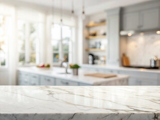 A modern kitchen featuring a polished marble countertop with natural light enhancing its veining, against a blurred backdrop, suitable for real estate or interior design marketing