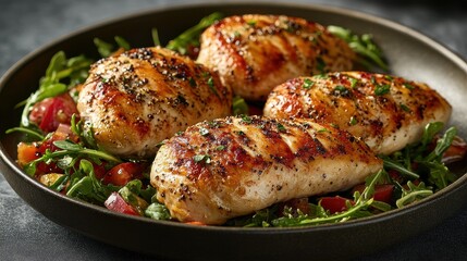 A tantalizing culinary tableau unfolds, showcasing three succulent roasted chicken breast fillets, their crispy skin gleaming under the soft glow of overhead lighting, alongside a fresh, vibrant