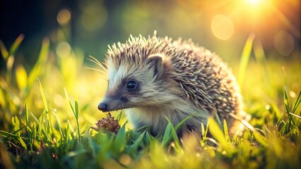 Adorable Hedgehog Cub Enjoying a Meal in a Lush Green Meadow - Vintage Style Photo