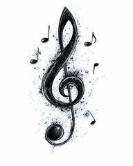 G clef music tattoo design, black ink splash art
