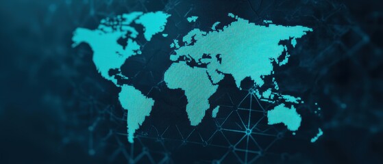A digital map of the world highlighted in teal, set against a dark background with a network pattern, symbolizing globalization and connectivity.