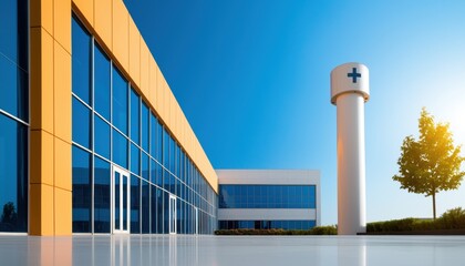 Obraz premium A modern building with large glass windows, featuring a water tower in the background and a clear blue sky.