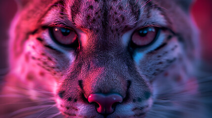 Obraz premium Close-up of a wild cat's intense gaze, showcasing its striking features against a colorful backdrop