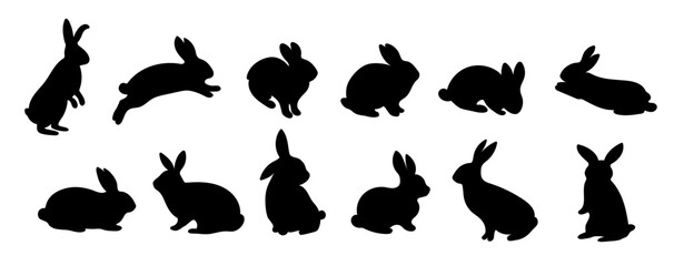 Big set rabbit silhouettes in various poses, isolated on white background. Simple black hare icons, perfect for Easter and wildlife themes. Cute and minimalistic animal illustrations © Helen
