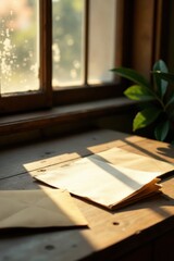 Golden Hour Correspondence Sunlit Papers and Envelopes Resting on Rustic Wooden Surface Near Window