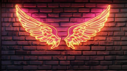 Neon angel wings glowing on a brick wall.