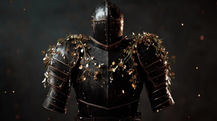 Fototapeta premium An armored knight adorned with delicate floral elements stands in a serene pose, blending the themes of nature and courage to create a unique and powerful visual statement.