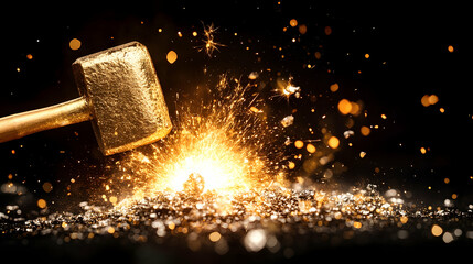 Golden hammer striking sparks, dark background