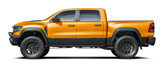 Modern powerful American yellow pickup truck, side view in png format.