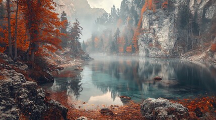 Misty Mountain Lake Autumn Landscape