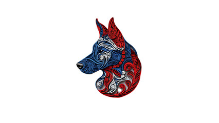 Ornate German Shepherd Dog Head in Red, White, and Blue Floral Design