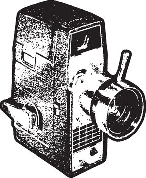 This is a black-and-white illustration of a vintage film camera, possibly a handheld 8mm or Super 8 camera. The image highlights the camera's textured body, large lens, side handle, and winding mechan