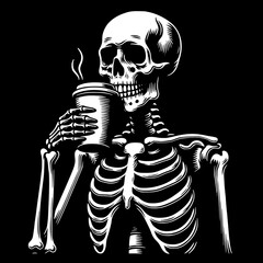 Skeleton's Coffee Break: A detailed monochrome illustration of a skeleton enjoying a hot beverage, creating a striking contrast on the dark background.