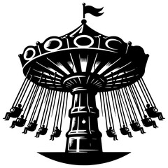 Whimsical Carousel: a playful depiction of a classic carousel, suspended seats with silhouetted riders, captured in a minimalist monochrome design, evoking the nostalgia of amusement parks.