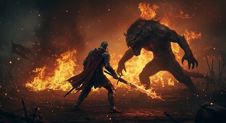 Obraz premium Knight Fighting Monster in Fiery Landscape with Sword and Armor