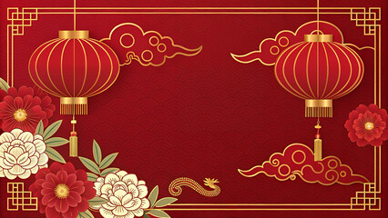 Lunar New Year Festivities: Red Lanterns and Peonies on Red.