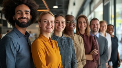 Obraz premium Diverse Team of Professionals Smiling in Modern Workspace Environment