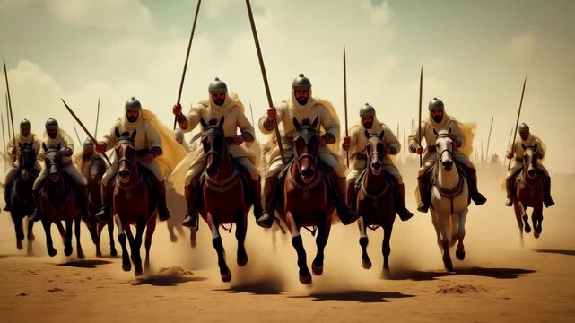 Elegantly fierce Arab cavalry charging forward, action epic battle scene