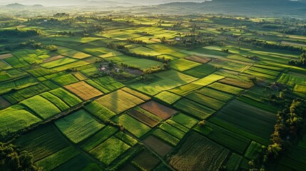 Scenic aerial view of lush green farmland mosaic at sunrise