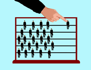 Illustration of a hand selecting a businessman on an abacus representing human resource management
