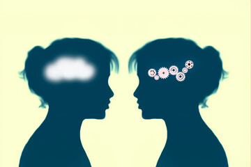 Abstract illustration of two silhouettes with contrasting brain imagery representing logic and intuition