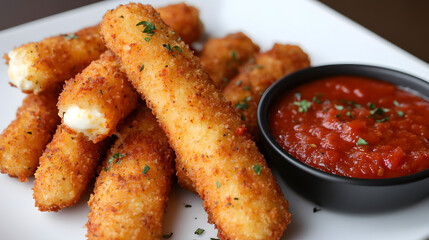 Crispy mozzarella sticks with a bold and fiery chili sauce, perfect for snacking or serving at a party.
