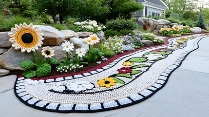 Crochet Garden Path with Sunflowers Daisies and Floral Design Outdoor Decor