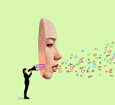Conceptual illustration of a person using a megaphone to project letters and numbers through a mask