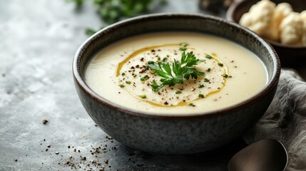 A creamy, golden soup of cauliflower, served in a light, minimalist setting, with copy space inviting viewers to imagine themselves enjoying the delicious dish.