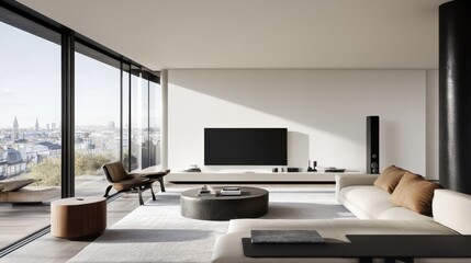 A frameless Smart TV blending into a white wall, creating a seamless look in a tech-savvy living space.