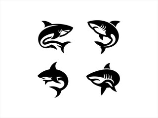 Naklejka premium This graphic set features bold, stylized shark silhouettes in various poses against a solid background.