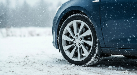 Car wheel with winter tire on snowy road, Close-up of vehicle during snowfall, Transportation safety and winter driving concept