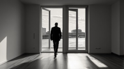 Man with Wisdom Strolls through Open Doors to Bright Future