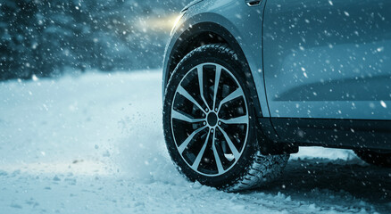 Winter tire and wheel in snowstorm, Close-up of vehicle safety equipment on snowy road, Automotive maintenance and safe driving concept, Weather protection theme