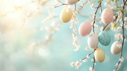 A light pastel backdrop, bathed in the soft glow of Easter morning, showcases a slender weeping willow branch adorned with delicate pastel eggs nestled amongst its feathery fronds. A space is left at