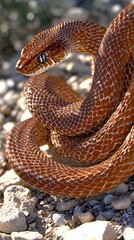 Fototapeta premium Unique brown snake coiled on rocky ground in natural habitat