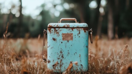 A vintage blue cooler, weathered and rusty, stands in overgrown grass, evoking nostalgic feelings of outdoor adventures and the rustic beauty of nature.