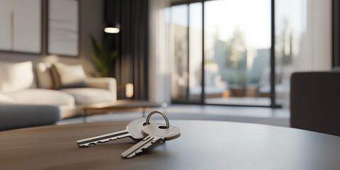 A set of keys rests on a modern wooden coffee table in a bright, inviting living room, symbolizing new home ownership or a fresh start.