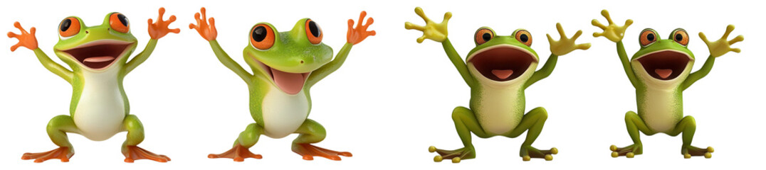 Obraz premium Four cheerful frogs joyfully celebrating with their arms raised, showcasing a playful and fun atmosphere in a vibrant setting. PNG transparent format