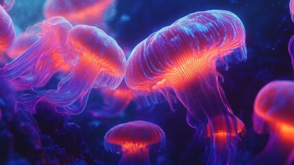 Naklejka premium Glowing jellyfish underwater, ocean reef, bioluminescent, digital art, fantasy background