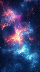 Fototapeta premium Celestial Symphony: A vibrant and awe-inspiring display of cosmic beauty unfolds, revealing a mesmerizing nebula ablaze with radiant colors, swirling patterns, and countless stars.