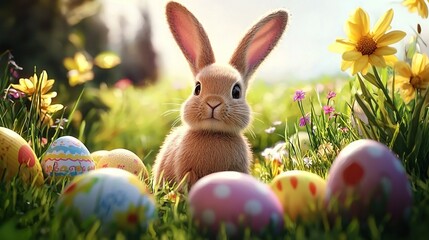 Fototapeta premium A cute Easter bunny with long ears stands in the grass, surrounded by colorful eggs and flowers, bathed in warm sunlight, creating a joyful and festive Easter scene.