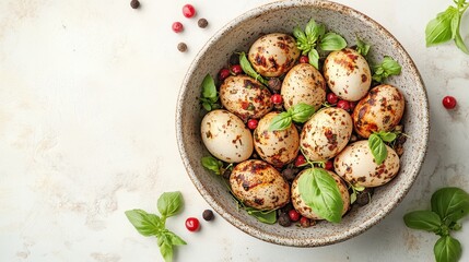 A symphony of flavor, a vibrant tapestry of herbs and spices, and the golden glow of hot smoked quail eggs, all set against a soft, light background, inviting you to savor the bounty of nature is