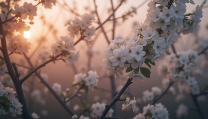 Fototapeta premium Glowing white cherry blossoms in the warm light of spring