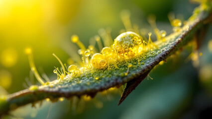 Naklejka premium Pollen and spores, Close-up of dew droplets on plant leaves, creating a warm and vibrant atmosphere