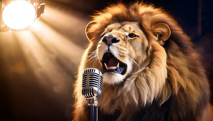 Majestic Lion Singing into a Vintage Microphone Under Spotlight on Stage