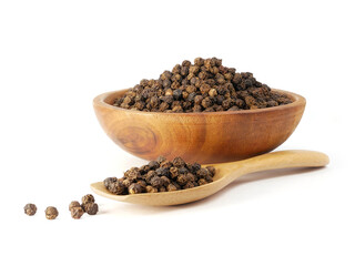 Black pepper in wooden spoon with bowl isolated on white background